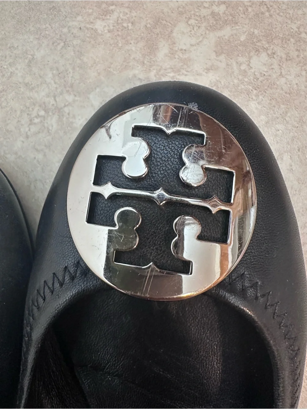 Tory Burch Black Leather Logo Cap-Toe Ballet Flats
